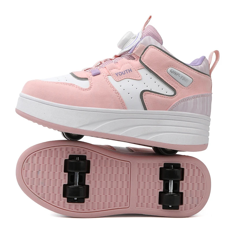 Kids Pink & White Invisible Four Wheel (Removable) Shoes