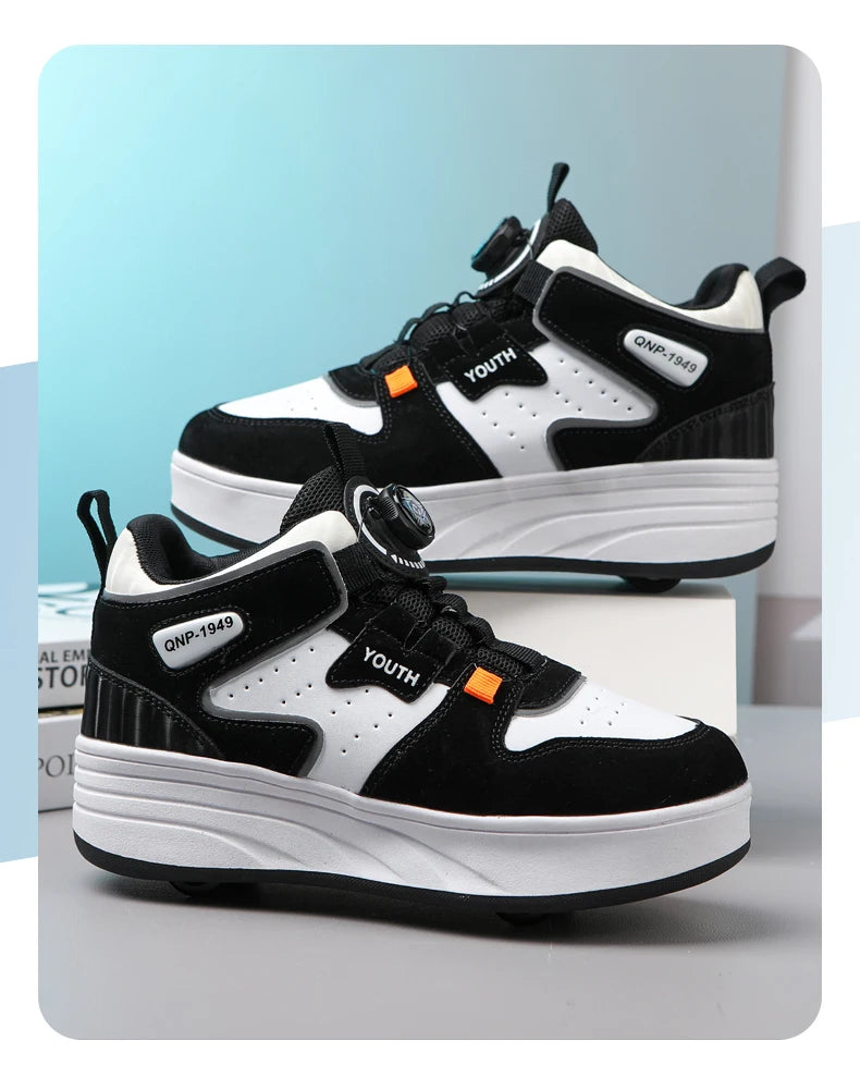 Kids Black & White Invisible Four Wheel (Removable) Shoes