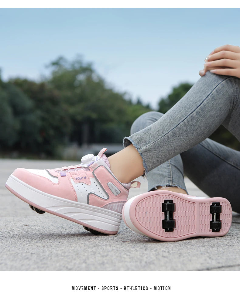 Kids Pink & White Invisible Four Wheel (Removable) Shoes
