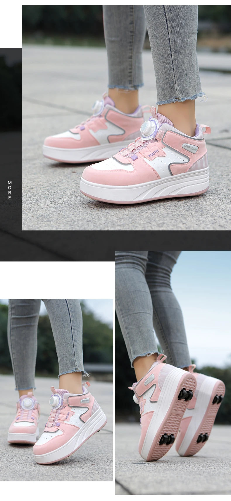 Kids Pink & White Invisible Four Wheel (Removable) Shoes