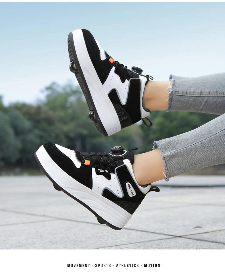 Kids Black & White Invisible Four Wheel (Removable) Shoes