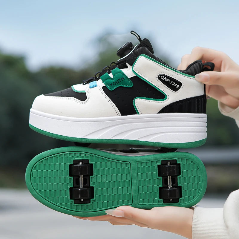 Kids Green & White Invisible Four Wheel (Removable) Shoes