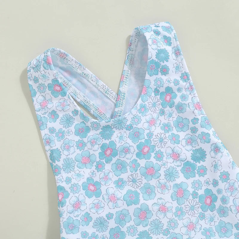 Cute Sleeveless Blue Floral Swimwear