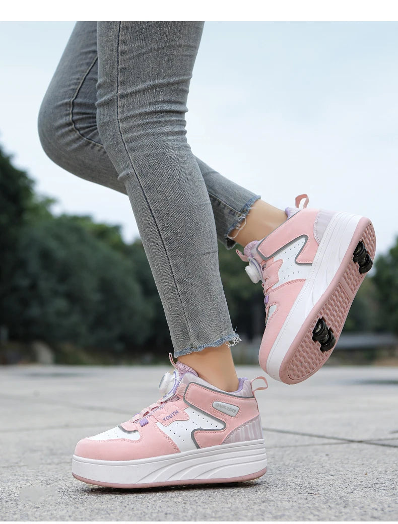 Kids Pink & White Invisible Four Wheel (Removable) Shoes