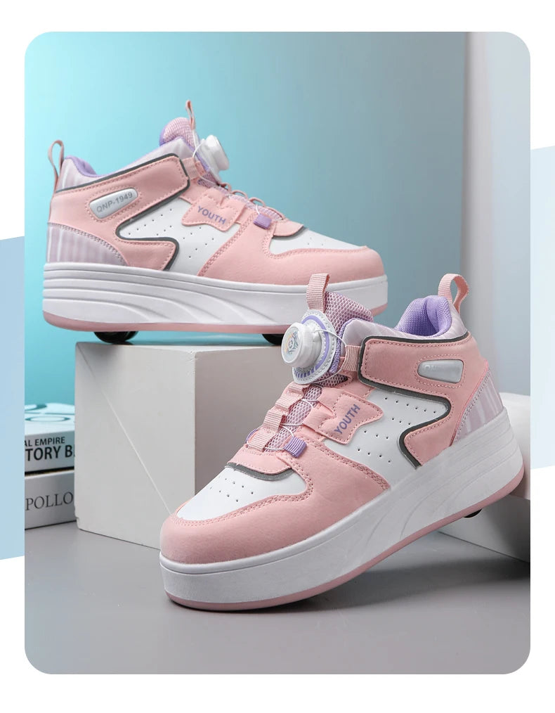 Kids Pink & White Invisible Four Wheel (Removable) Shoes
