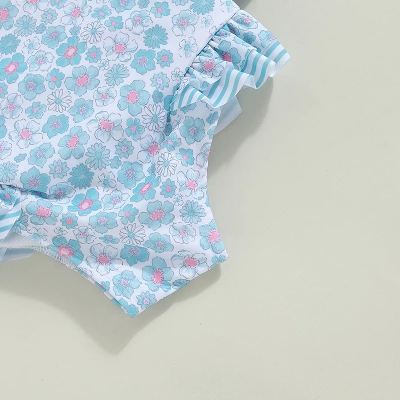 Cute Sleeveless Blue Floral Swimwear