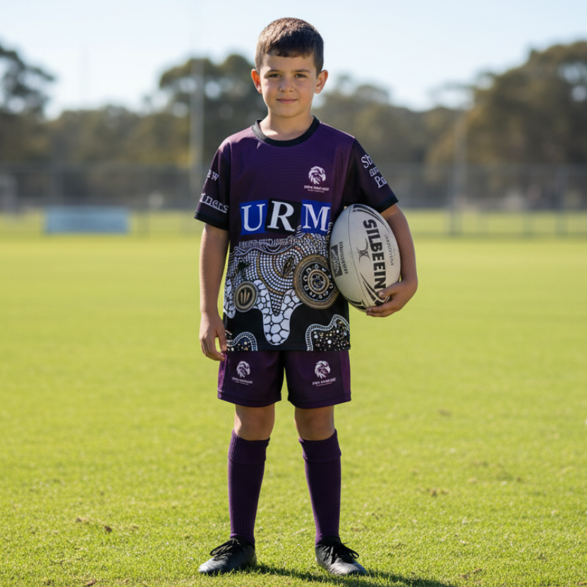 Young boy in sports uniform holding a ball on a grass field