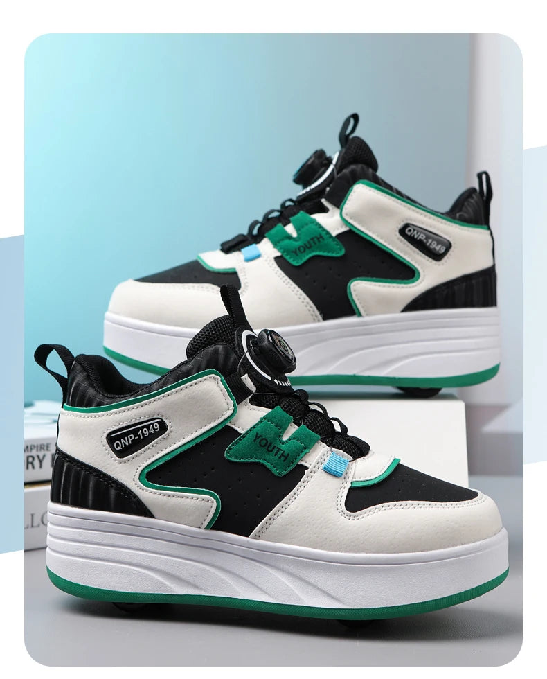 Kids Green & White Invisible Four Wheel (Removable) Shoes