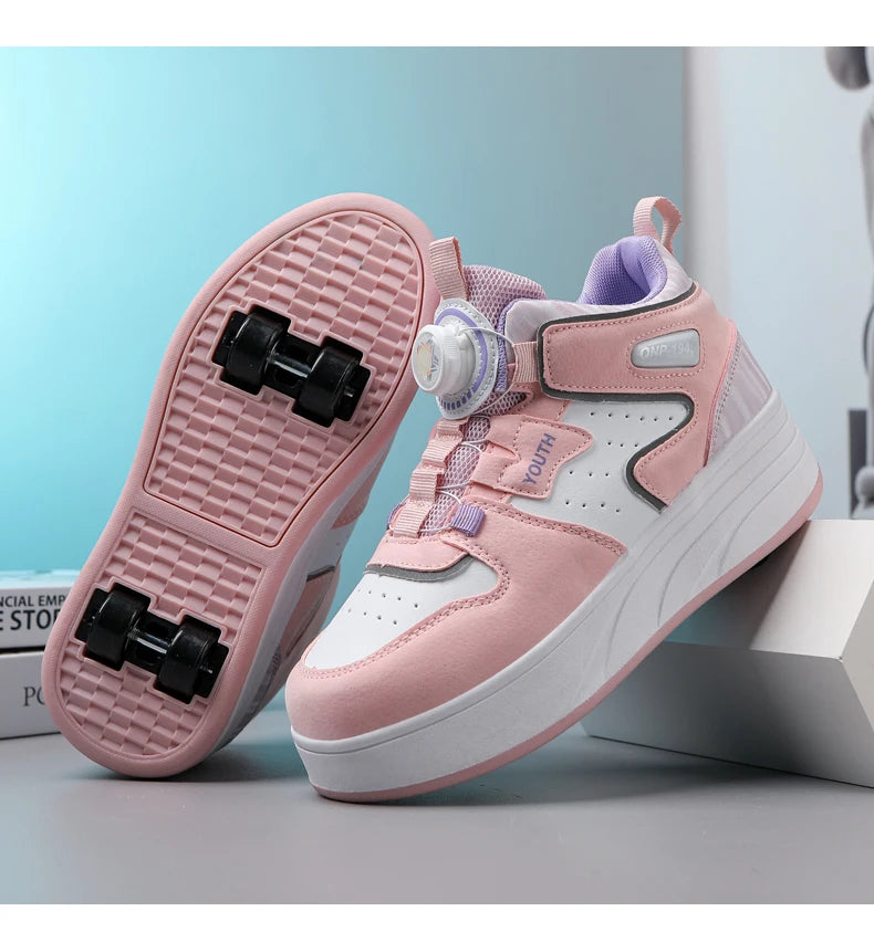 Kids Pink & White Invisible Four Wheel (Removable) Shoes