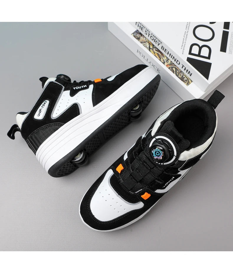 Kids Black & White Invisible Four Wheel (Removable) Shoes