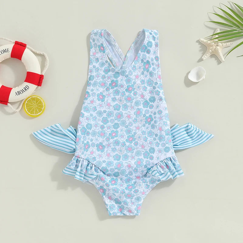 Cute Sleeveless Blue Floral Swimwear