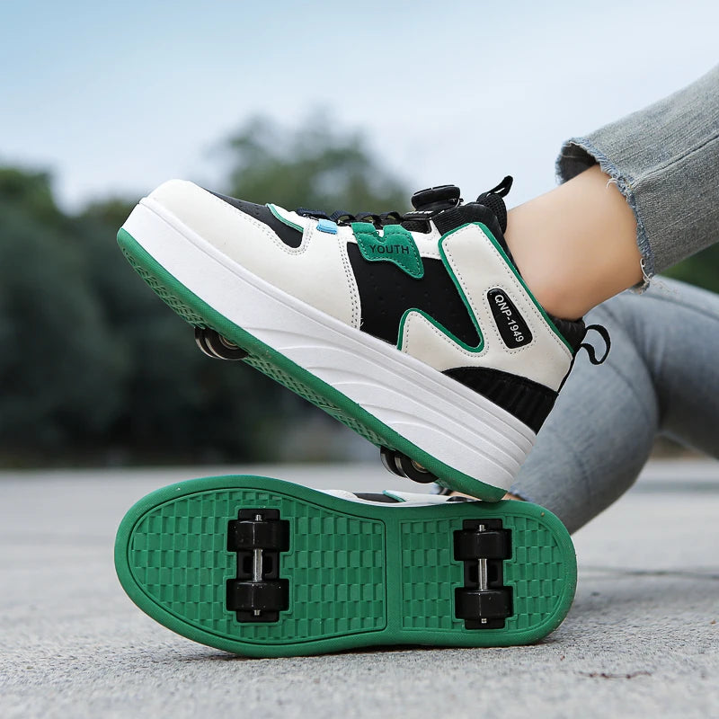 Kids Green & White Invisible Four Wheel (Removable) Shoes