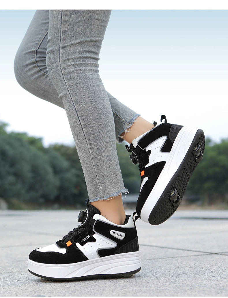 Kids Black & White Invisible Four Wheel (Removable) Shoes