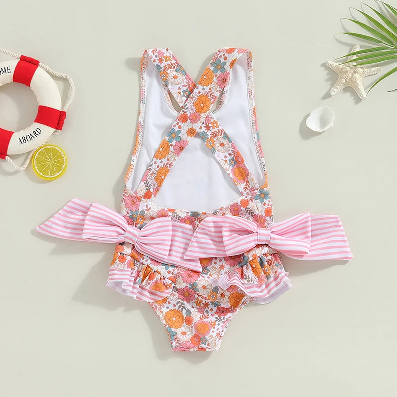 Cute Sleeveless Orange Floral Swimwear