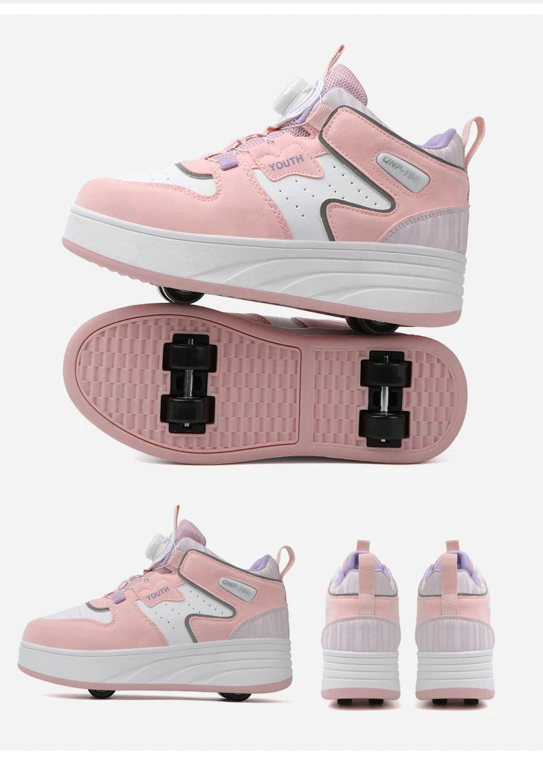 Kids Pink & White Invisible Four Wheel (Removable) Shoes