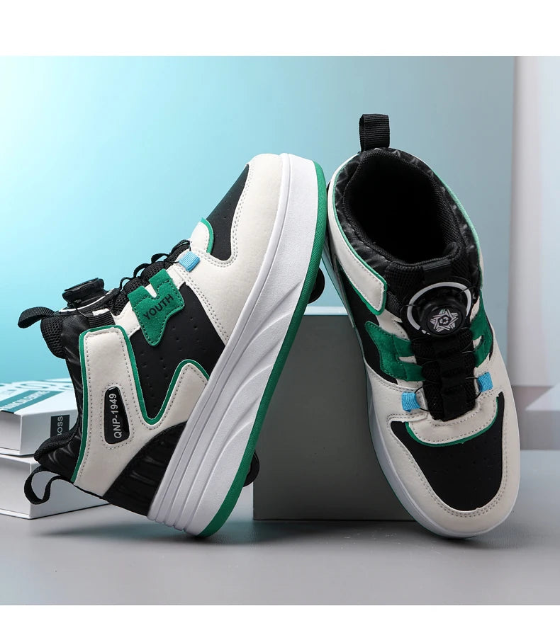 Kids Green & White Invisible Four Wheel (Removable) Shoes