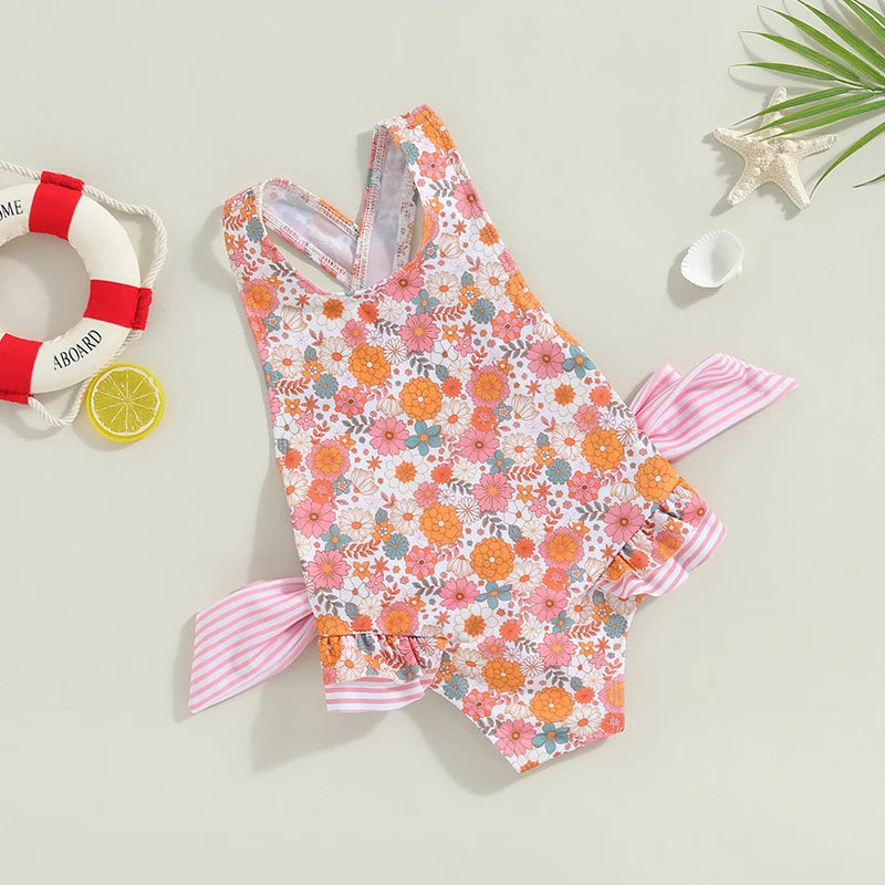 Cute Sleeveless Orange Floral Swimwear