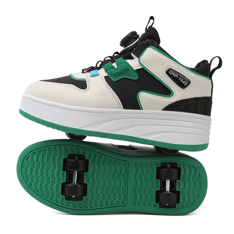 Kids Green & White Invisible Four Wheel (Removable) Shoes