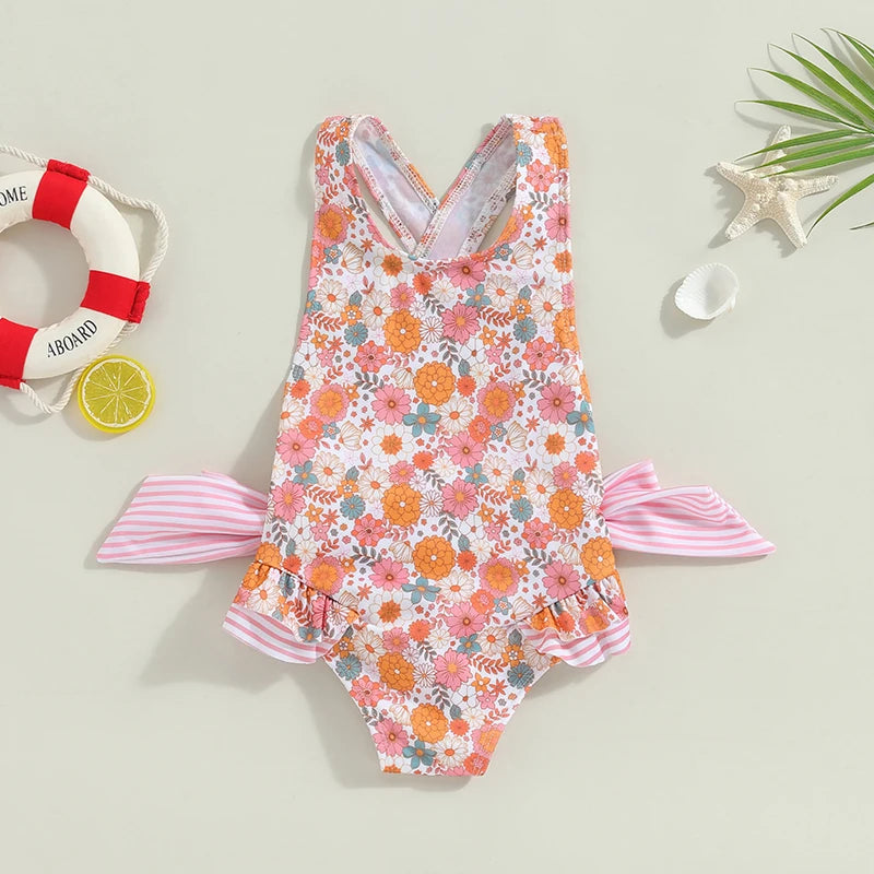 Cute Sleeveless Orange Floral Swimwear