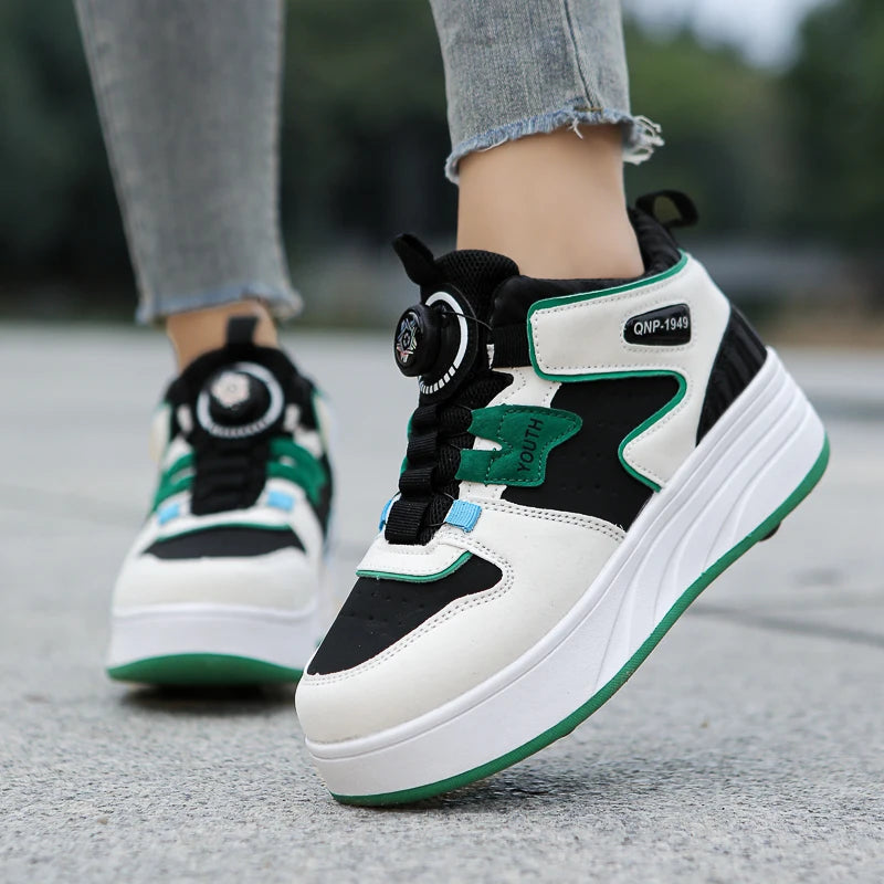 Kids Green & White Invisible Four Wheel (Removable) Shoes