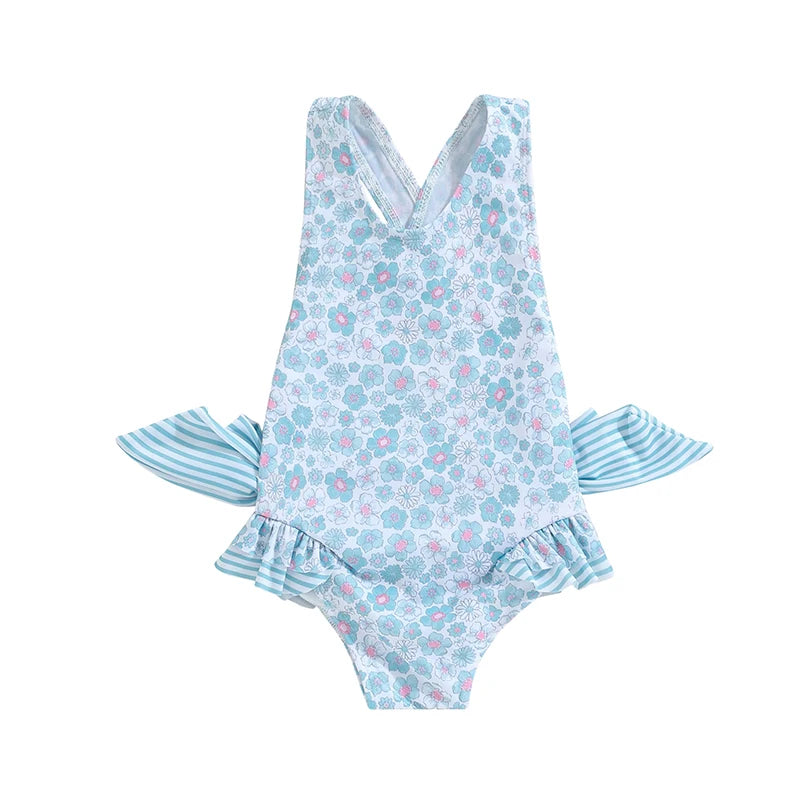 Cute Sleeveless Blue Floral Swimwear