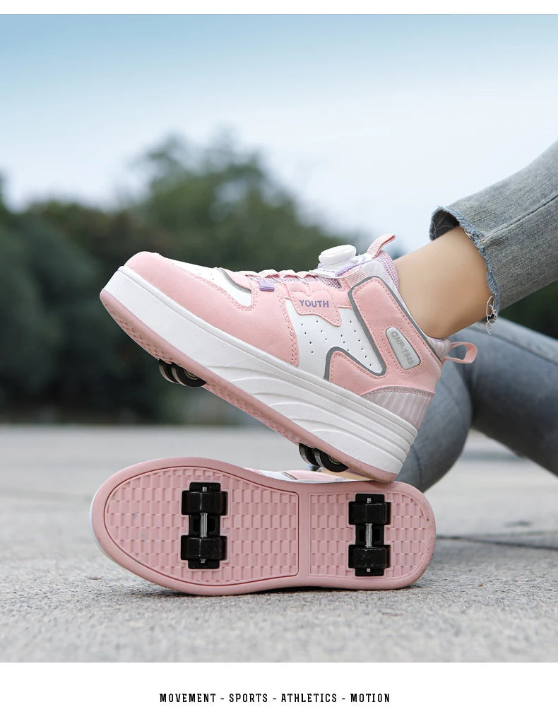 Kids Pink & White Invisible Four Wheel (Removable) Shoes